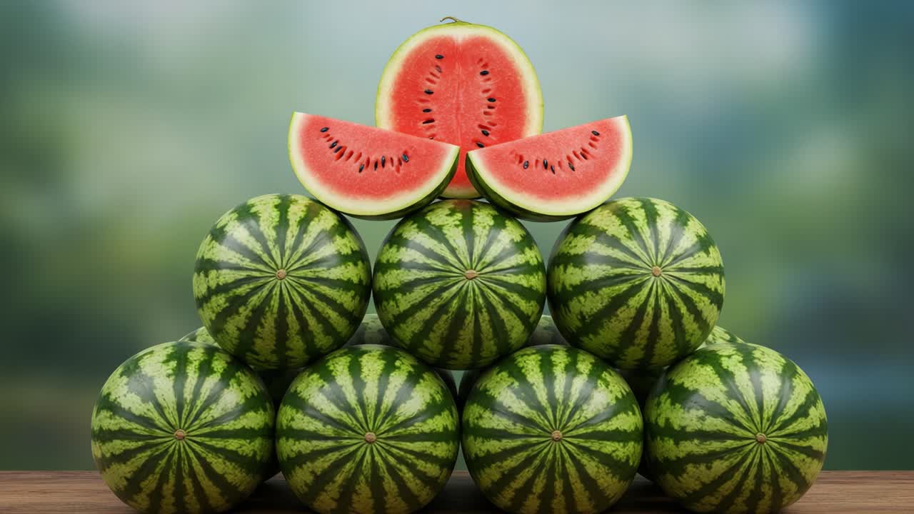 A Stunning Display of Watermelons Arranged in a Pyramid Formation with Freshly Cut Slices at the Top, Showcasing Juicy Red Flesh and Vibrant Green Rind