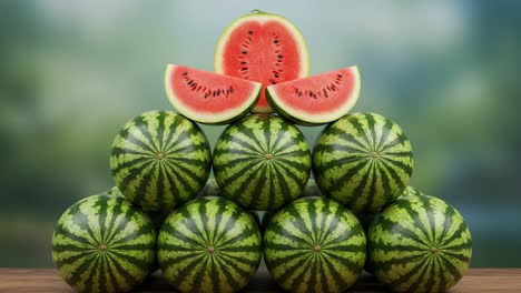 a stunning display of watermelons arranged in a pyramid formation with freshly cut slices at the top, showcasing juicy red flesh and vibrant green rind