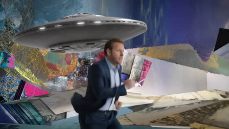 man running from a ufo in a surreal abstract world