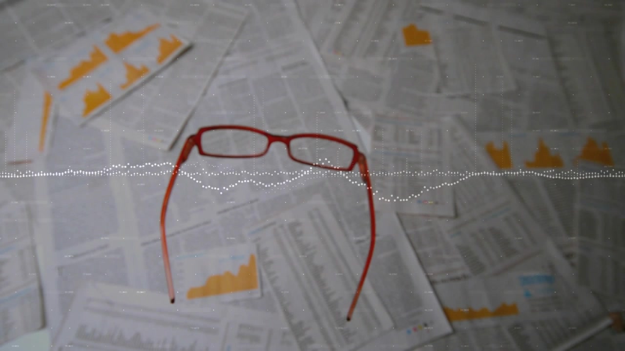 Telecamera che si allontana, occhiali rossi che scivolano al centro, forma d'onda che evidenzia i grafici aziendali.