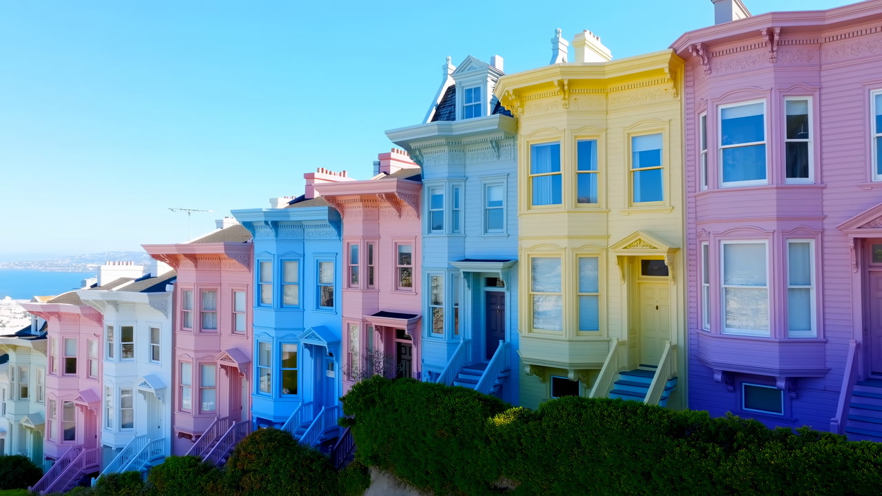 Pastel Victorian Houses On Hill, Sunlit Facades With Ocean Glimpse, Bright Blue Sky, Colorful Porches