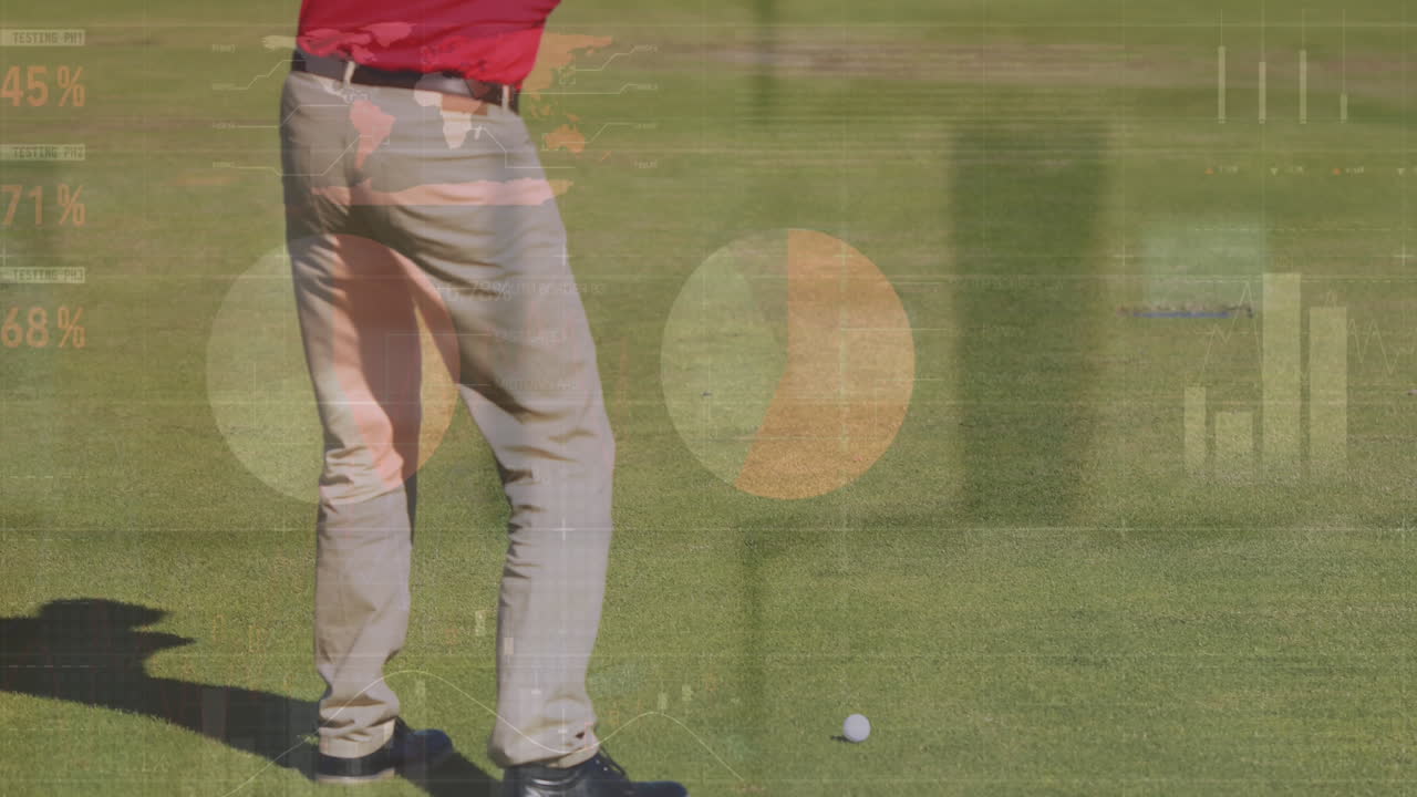 골프 클럽과 함께 남성 골프 선수에 대한 통계 및 데이터 처리의 애니메이션