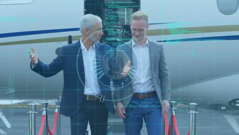 Animation-of-data-processing-and-round-scanner-over-two-caucasian-businessmen-discussing-at-airport