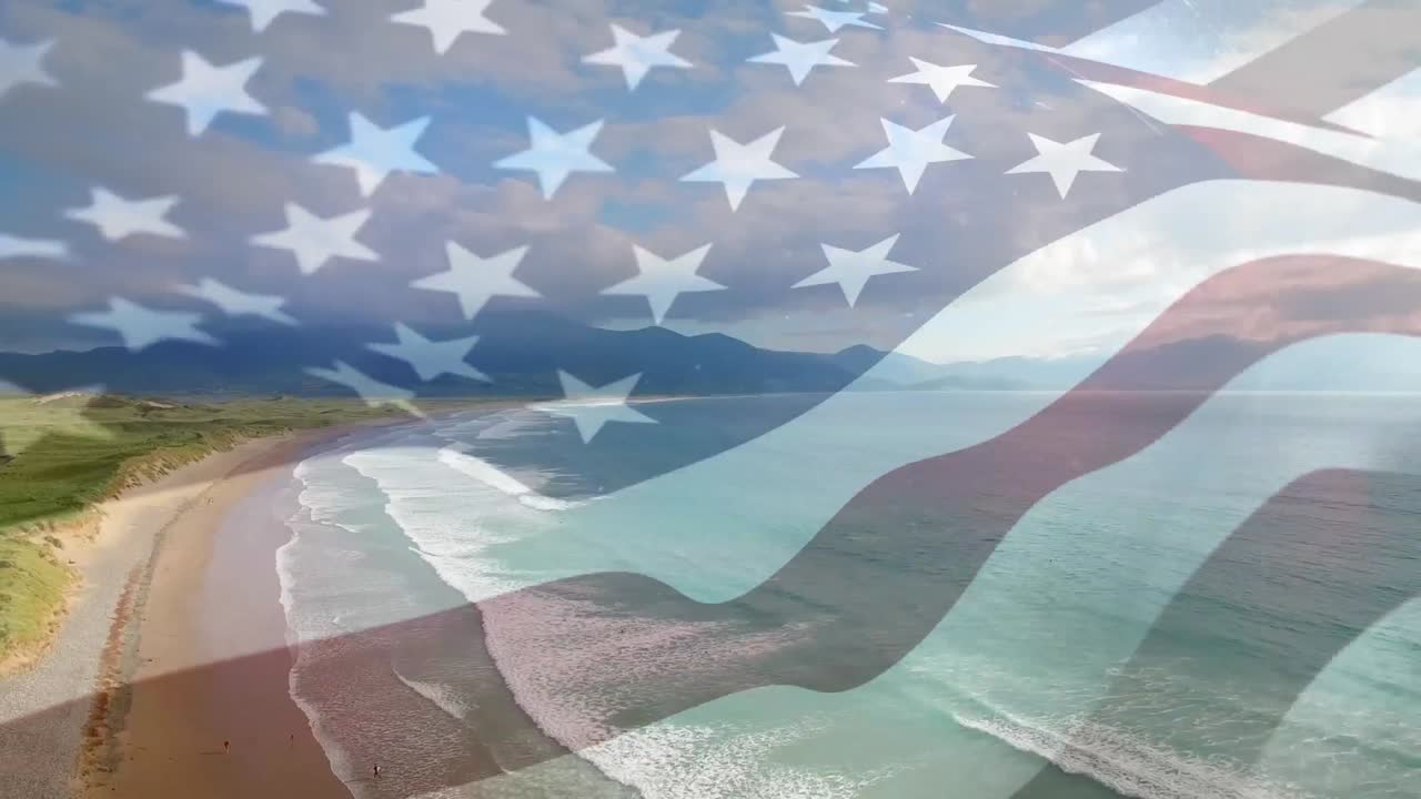 미국 국기가 해변 풍경 위에서 날아다니는 애니메이션