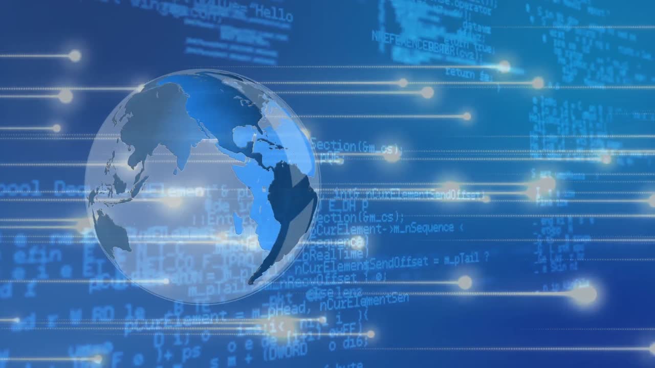 파란색 배경에 그리드 위에서 회전하는 지구의 애니메이션