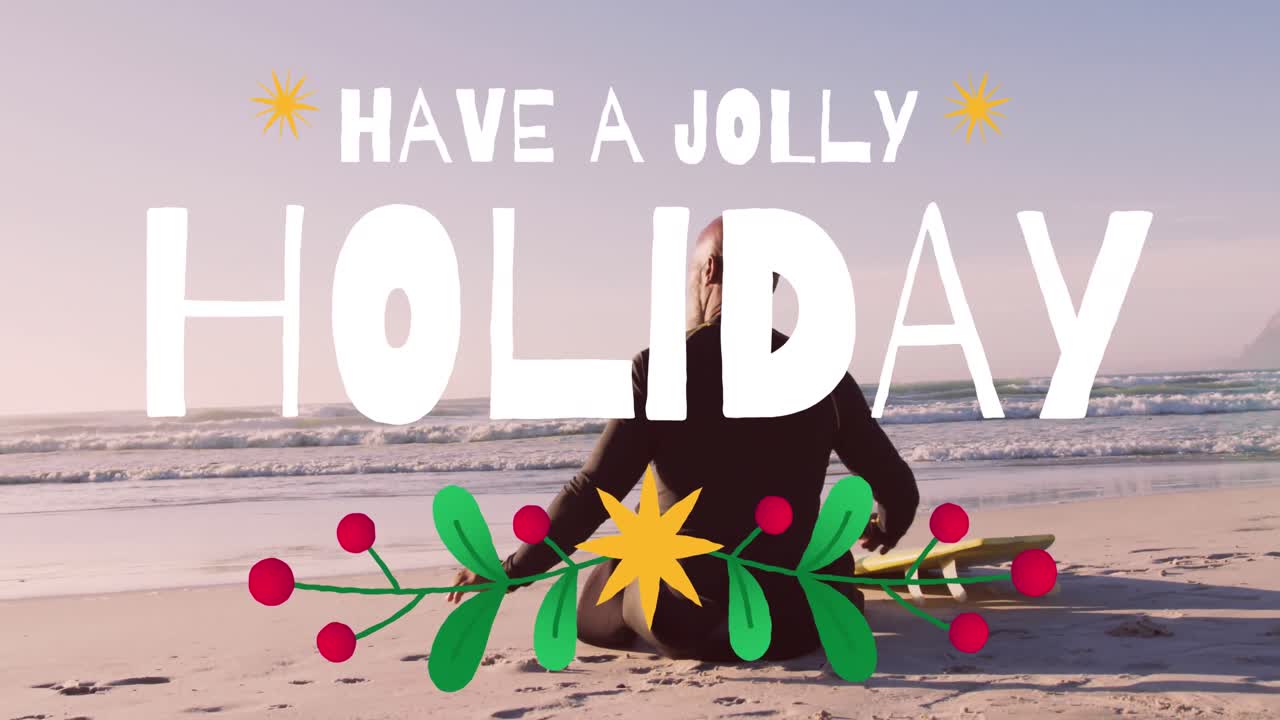 Animation of christmas greetings text over senior african american man on beach