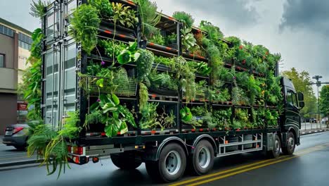 large truck transporting a mobile garden of green plants