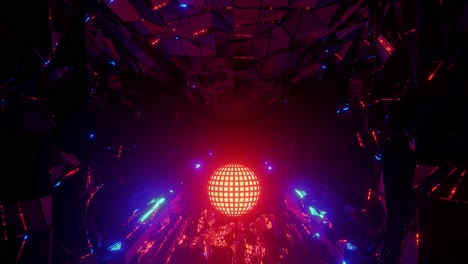 sfera rossa luminosa gira in un tunnel di vetro specchio rotto, riflessi movimento 3d
