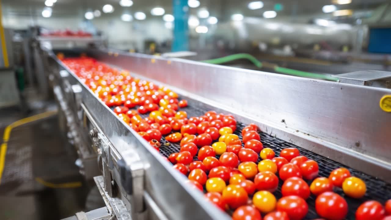 Uma Variedade Vibrante de Tomates Frescos Movendo-se em uma Esteira Transportadora de Processamento em uma Moderna Instalação de Produtos Agrícolas, Demonstrando Qualidade e Eficiência no Manuseio de Alimentos.