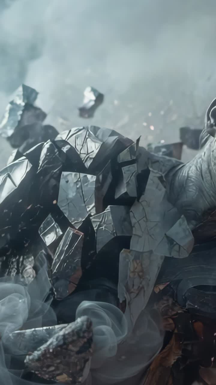 Vertical video: Cracking polygonal armor plates fragmenting and drifting in smoke haze with sparks