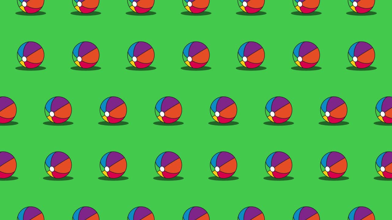 Beach balls seamless loop pattern on a green background. Seamless loop animation with sport balls. Endless activity motion graphic background