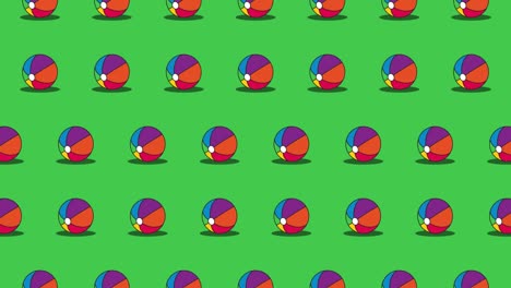 el patrón de bucle sin costuras de las bolas de playa en un fondo verde. la animación sin costuras del bucle con bolas deportivas. el fondo gráfico de movimiento de actividad sin fin