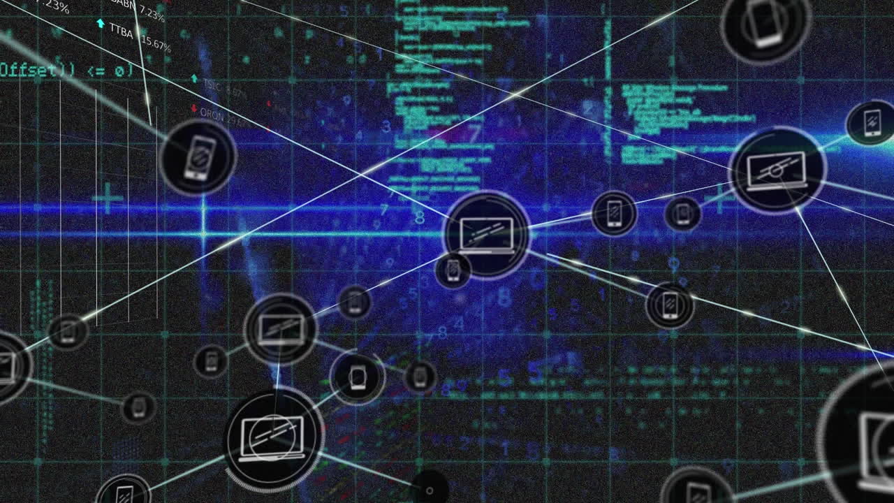 디지털 아이콘 네트워크의 애니메이션, 데이터 처리 및 검은 바탕에 파란 빛 점