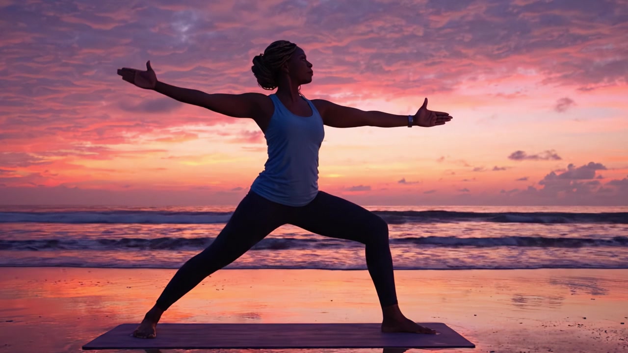Sessione di yoga al tramonto pacifica: una donna pratica la posizione del guerriero sulla spiaggia mentre le onde si infrangono dolcemente al crepuscolo, creando una connessione armoniosa tra mente e corpo e serenità