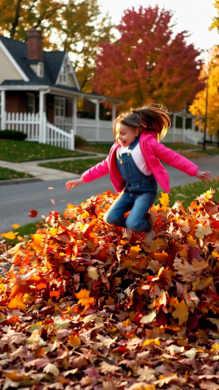 Girl Jumping and Playing in Autumn Leaves