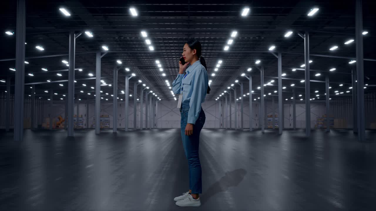 Full Body Side View Of Asian Female in Empty Modern Warehouse, She Is Speaking With Someone In The Phone