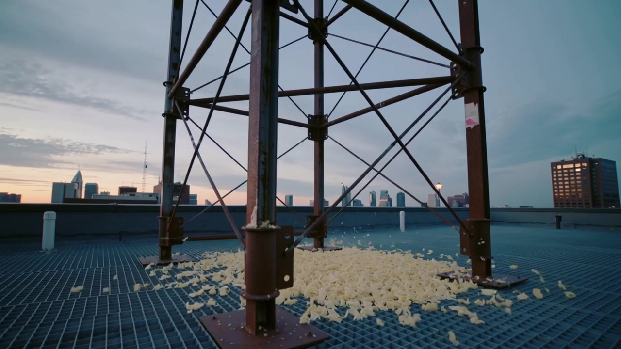 Bursting from base, rusted tower spraying pale yellow fragments on grated roof at dusk, piling