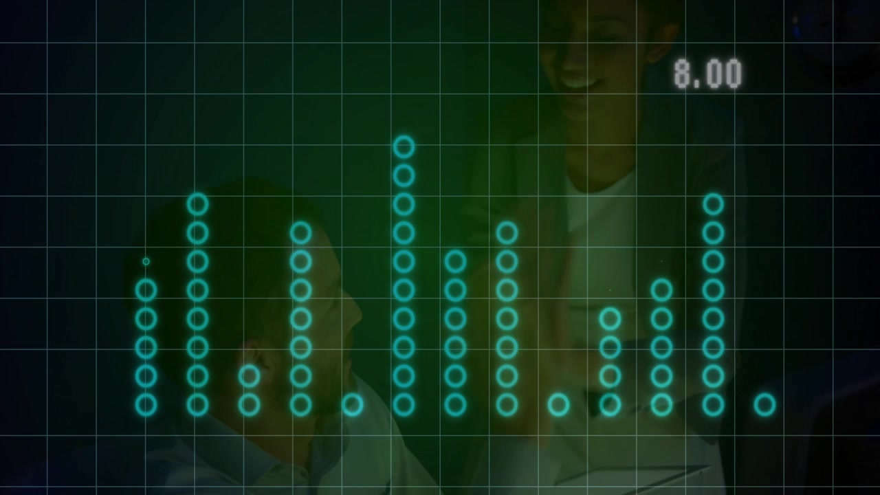 Dr tapping tablet activating teal bars over green grid as peer monitoring numeric readout for care