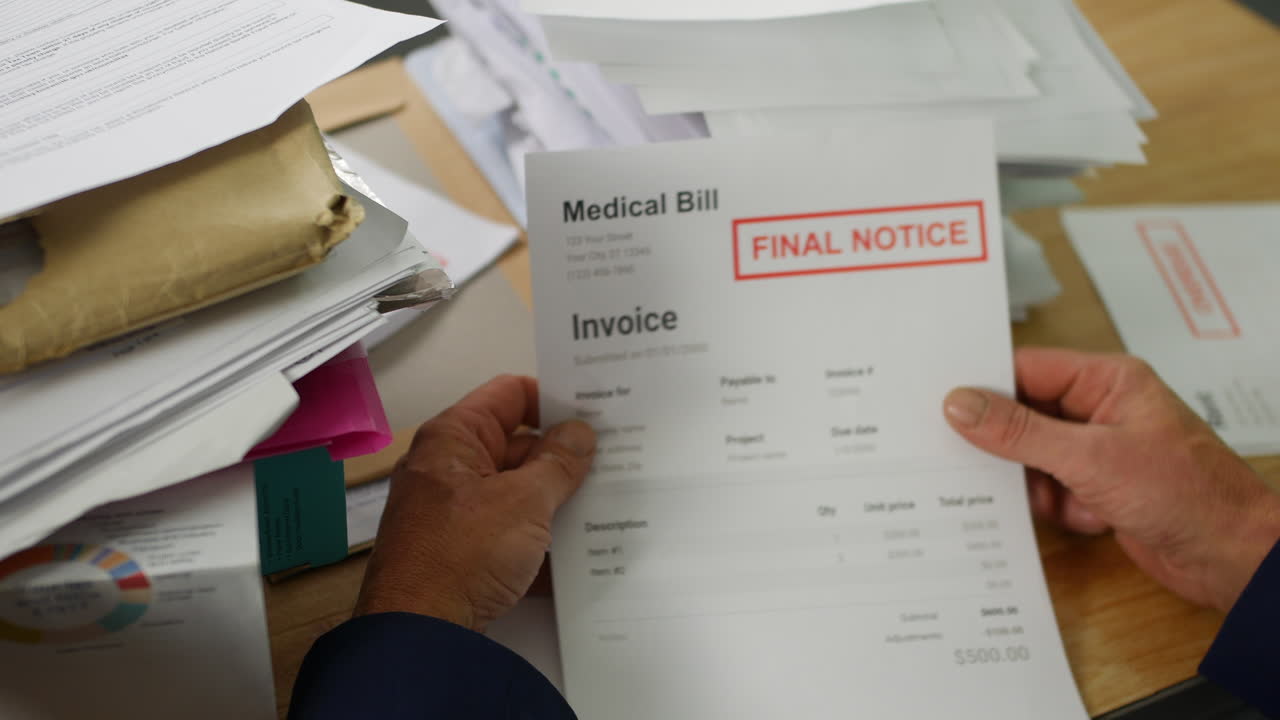 primer plano de un hombre abriendo cartas de deuda