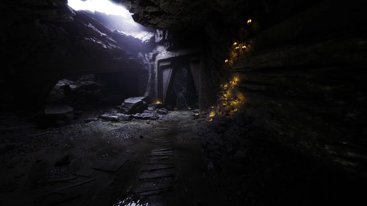Misterioso spazio sotterraneo, caverna ombreggiata con debole illuminazione