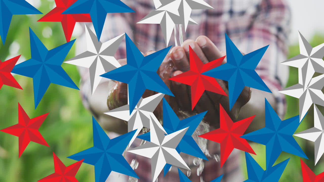 animación de estrellas rojas, azules y blancas sobre un hombre afroamericano lavando las manos