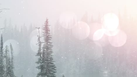 Animation-of-spots-of-light-over-snow-falling-and-winter-landscape