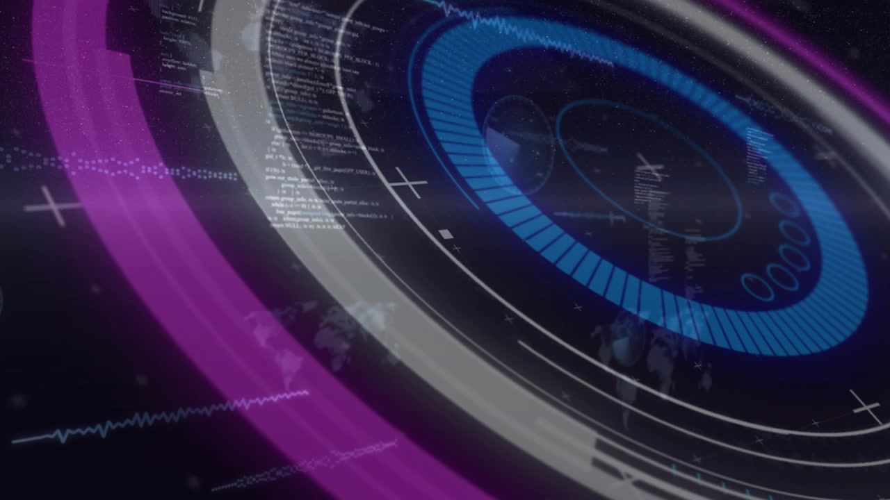 White ring appearing starting HUD rotating, magenta arc sweeping and code scrolling to show data