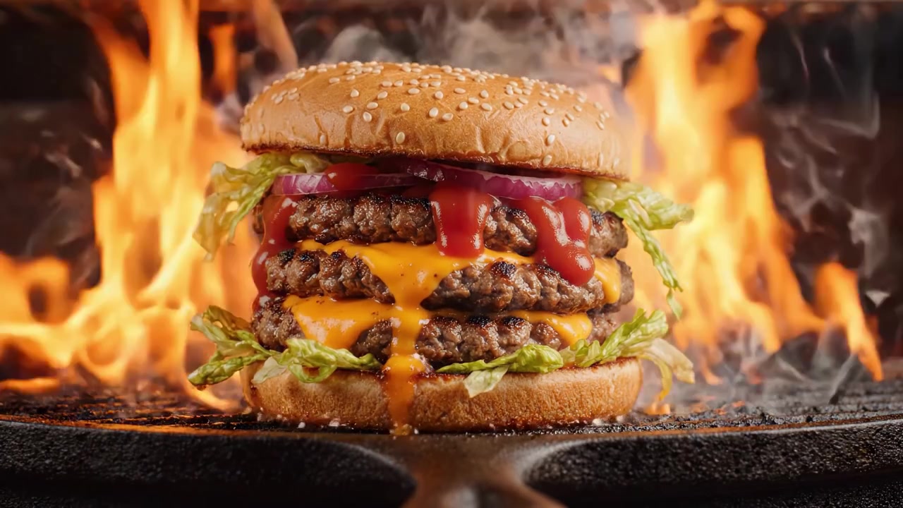 Succulento cheeseburger a triplo strato con ingredienti freschi e sapori audaci che griglia su fiamme intense, perfetto per un pasto soddisfacente o una grigliata.