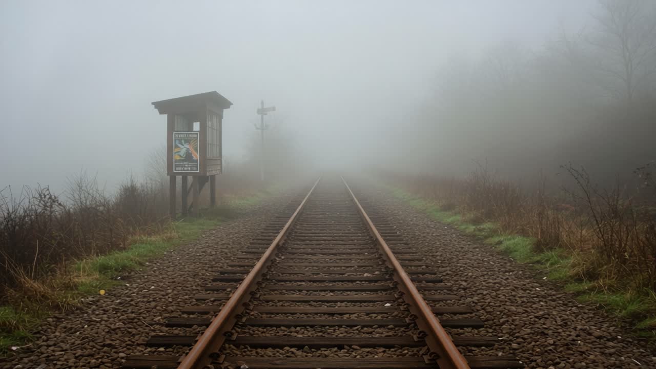 Mysterious Foggy Railroad Tracks Leading to an Unseen Destination, Capturing the Atmosphere of Isolation and Uncertainty in a Serene Environment