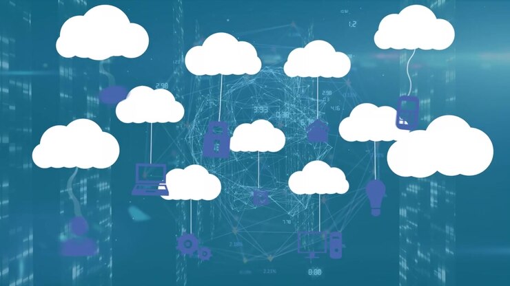 Animação de ícones digitais conectados a ícones de nuvem sobre um globo de rede de conexões
