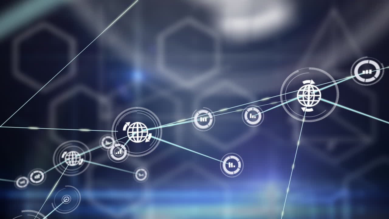 animación de la red de conexiones con iconos sobre formas sobre fondo negro