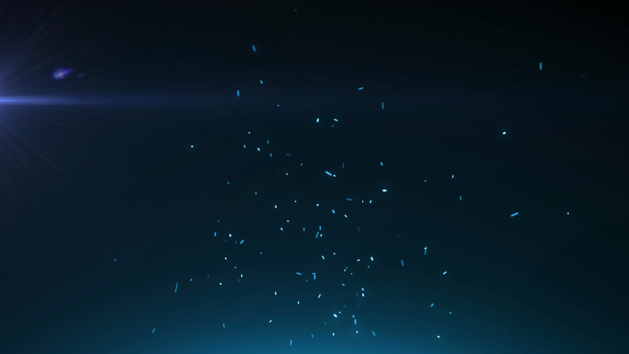 Animation of shimmering particles with light trails moving in seamless loop on blue background