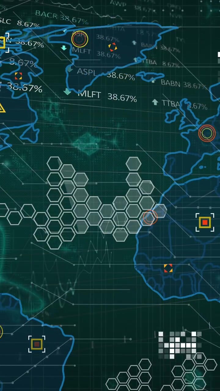 Animation of molecular structures against data processing over world map on black background