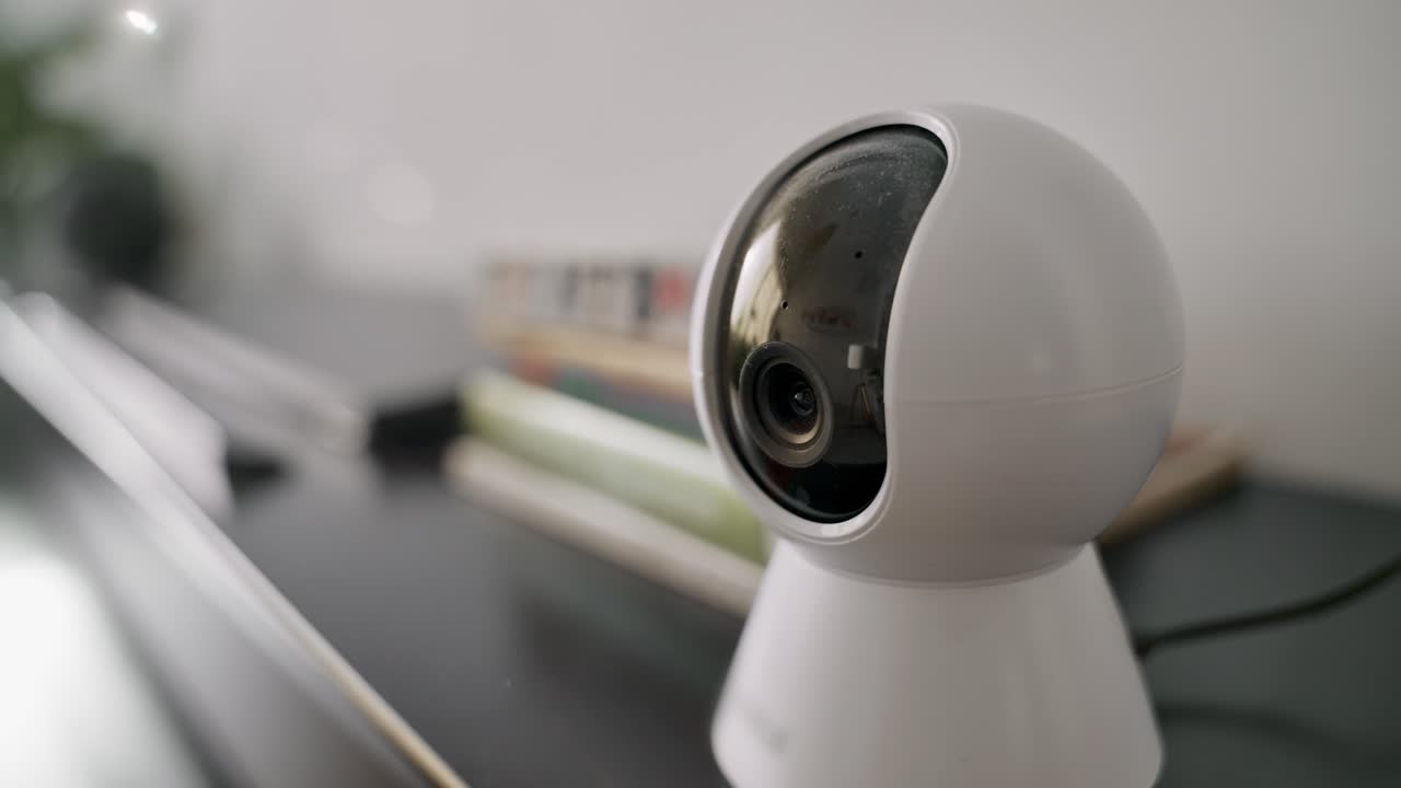 Surveillance security cam. Modern indoor security camera with a sleek spherical design. Camera lens moves around scanning the room, home surveillance, smart living, and digital safety technology