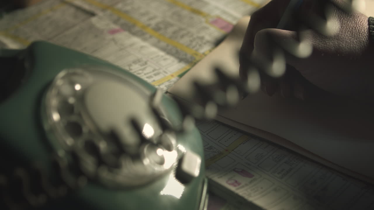 Primo piano di una persona che prende appunti durante una telefonata su un telefono fisso retrò a disco visibile sulla scrivania e una mappa stradale urbana. Ideale per detective, casi irrisolti, indagini.