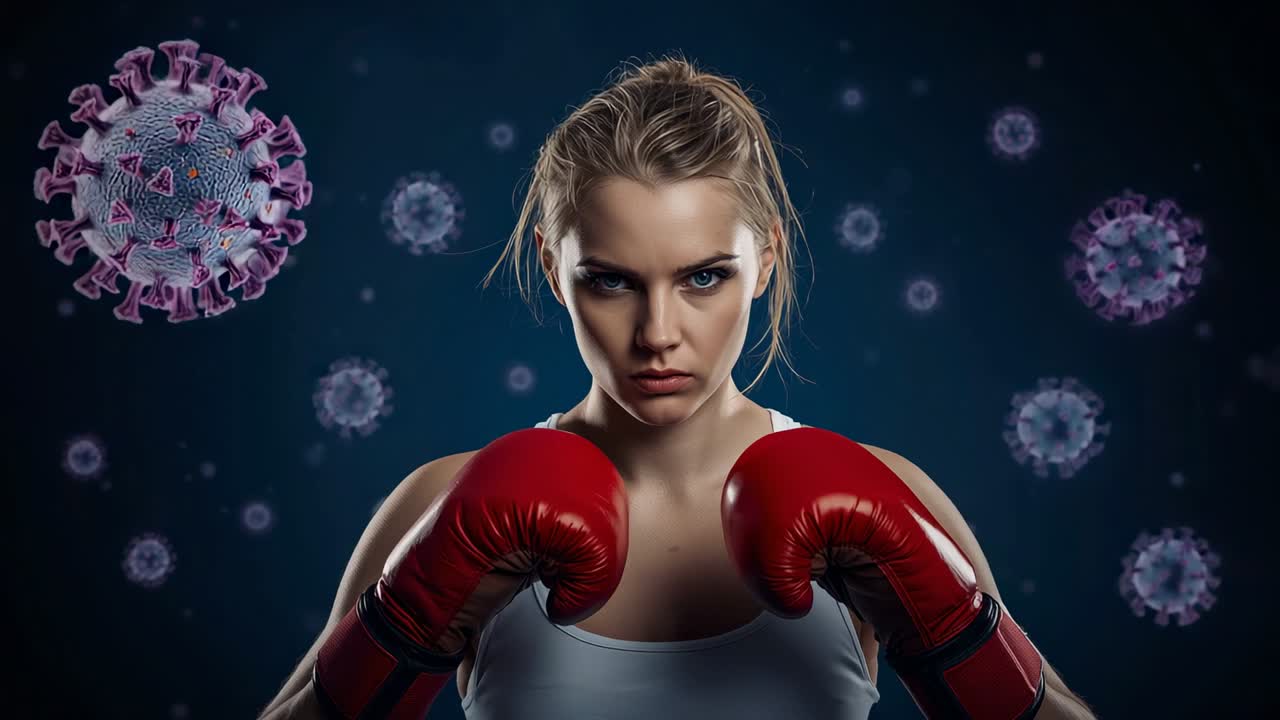Rolling camera capturing female boxer guarding in studio with red gloves and virus signifying fight