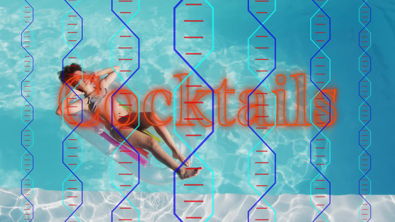 Woman relaxing on pool float with Cocktails text and DNA strand animation overlay