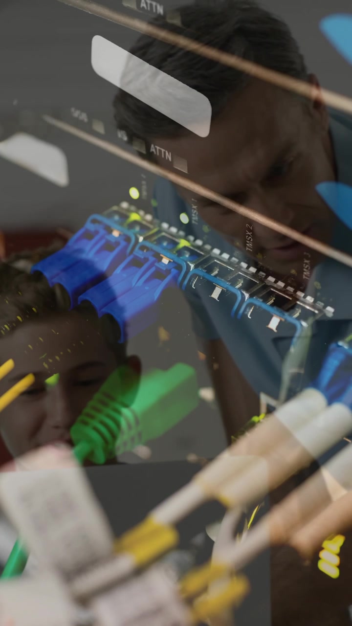 Animation of server room over caucasian male teacher with diverse schoolkids