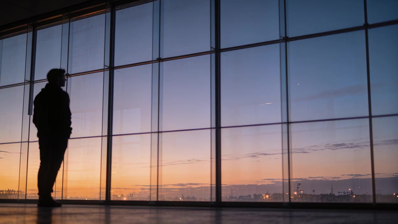 Gazing man stepping closer to terminal glass, scanning horizon at sunrise, backpack, copy space
