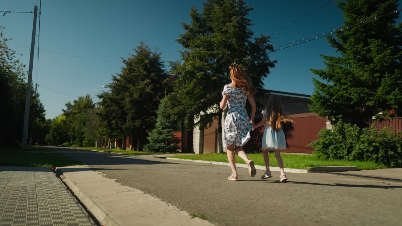 Rear view of single mom in floral dress running hand in hand with daughter along quiet suburban street, both hurrying to catch bus, with utility poles, green trees, and sunny sky in background