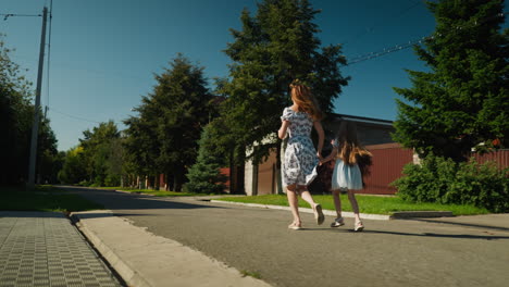rear view of single mom in floral dress running hand in hand with daughter along quiet suburban street, both hurrying to catch bus, with utility poles, green trees, and sunny sky in background