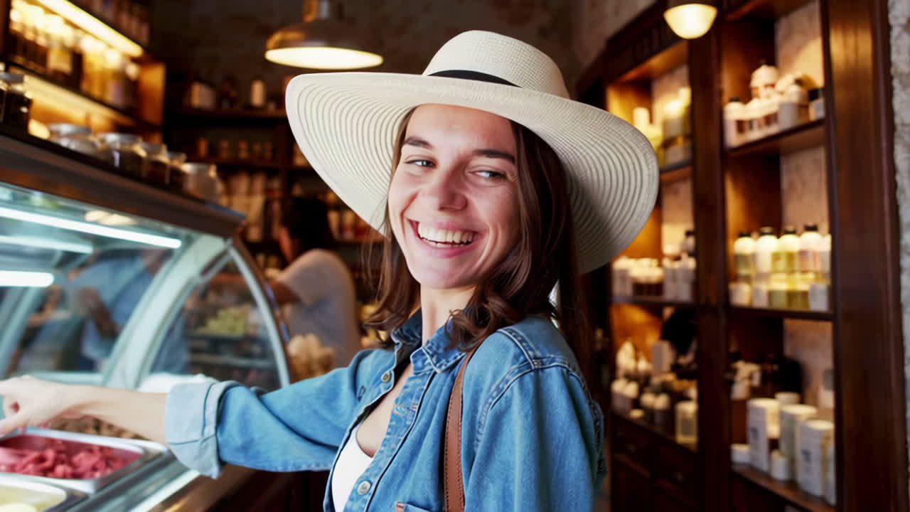 Woman choosing ice cream in a cafe