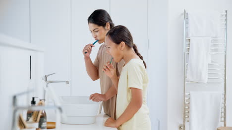 happy mother, child and brushing teeth in bathroom