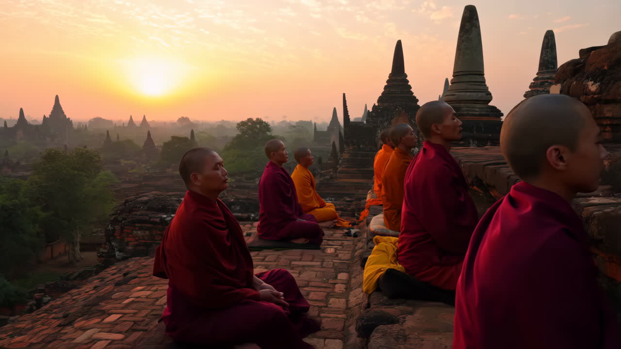 Monaci che Meditano all'Alba a Bagan, Myanmar