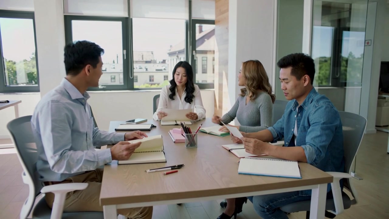 穿着商务休闲装的团队在会议桌旁交谈，领导举起计划表后，他们翻阅文件进行规划。