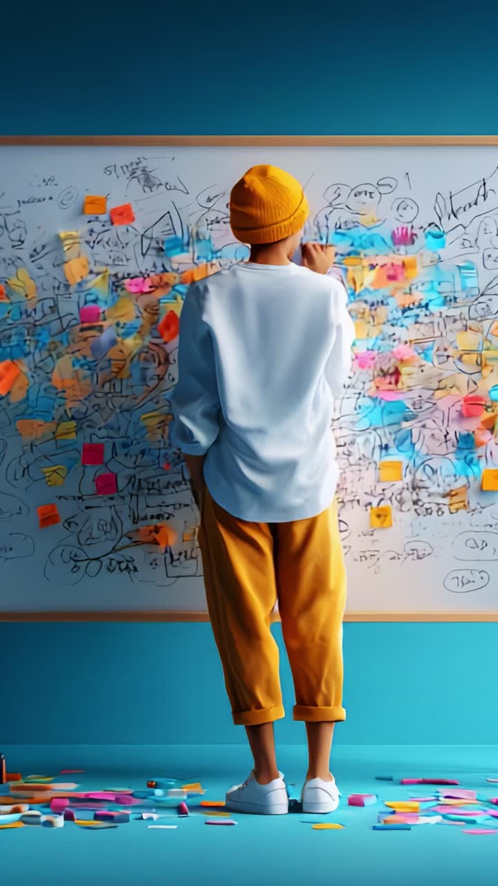 Kreativ person analyserer farverige sticky notes på whiteboard, fordybet i tankevækkende strategiudvikling og brainstormingsession for ideer og projekter