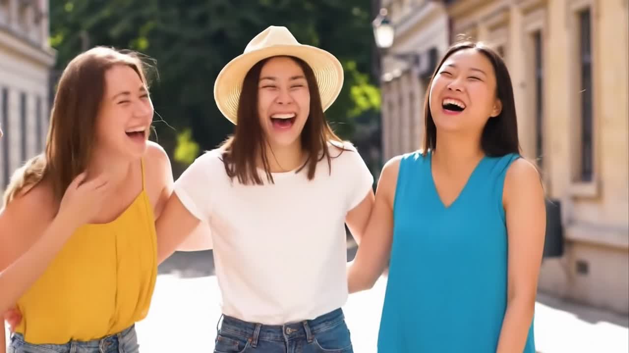 Diverse Young Women Laughing and Walking Together on Street