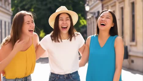 diverse young women laughing and walking together on street