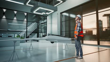 engineer inspecting a drone in a modern office