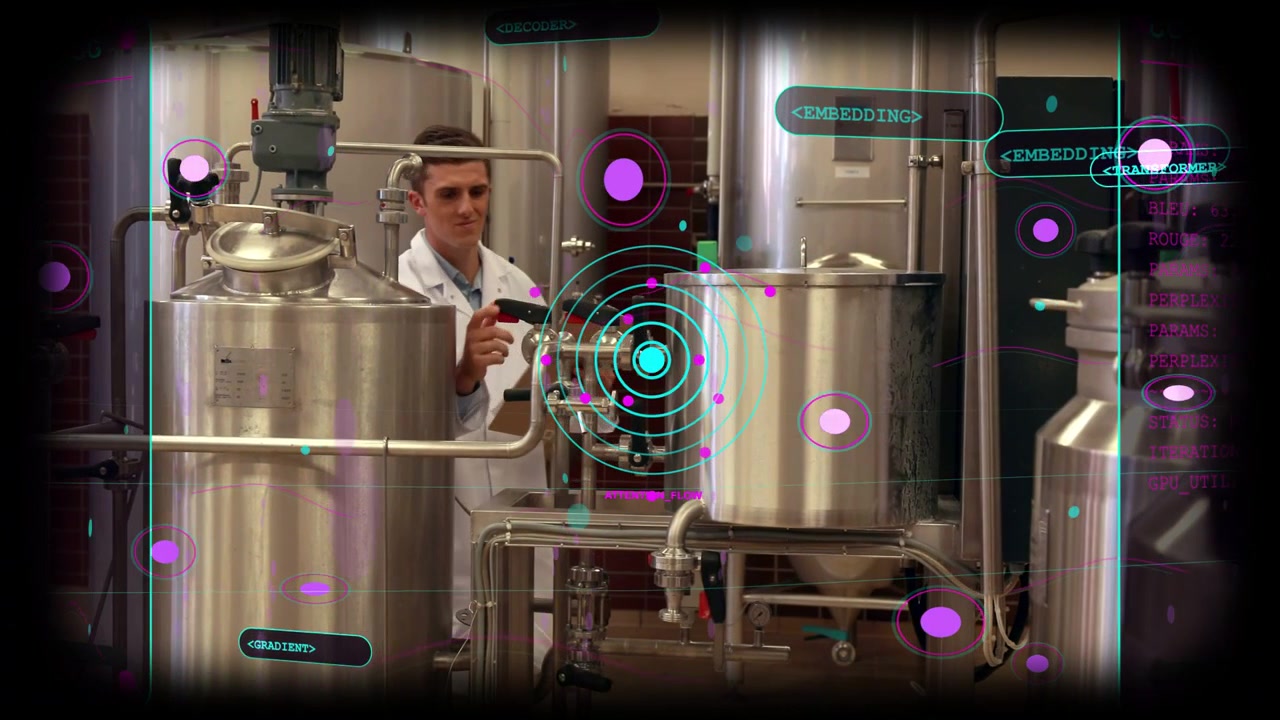 Male tech moving to tanks adjusting valve and monitoring process with purple teal HUD overlay